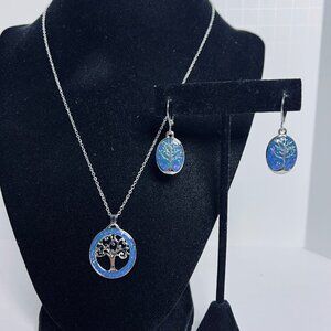 Silver Tone And Blue Glitter Tree Of Life Necklace And Pierced Earrings (6119)